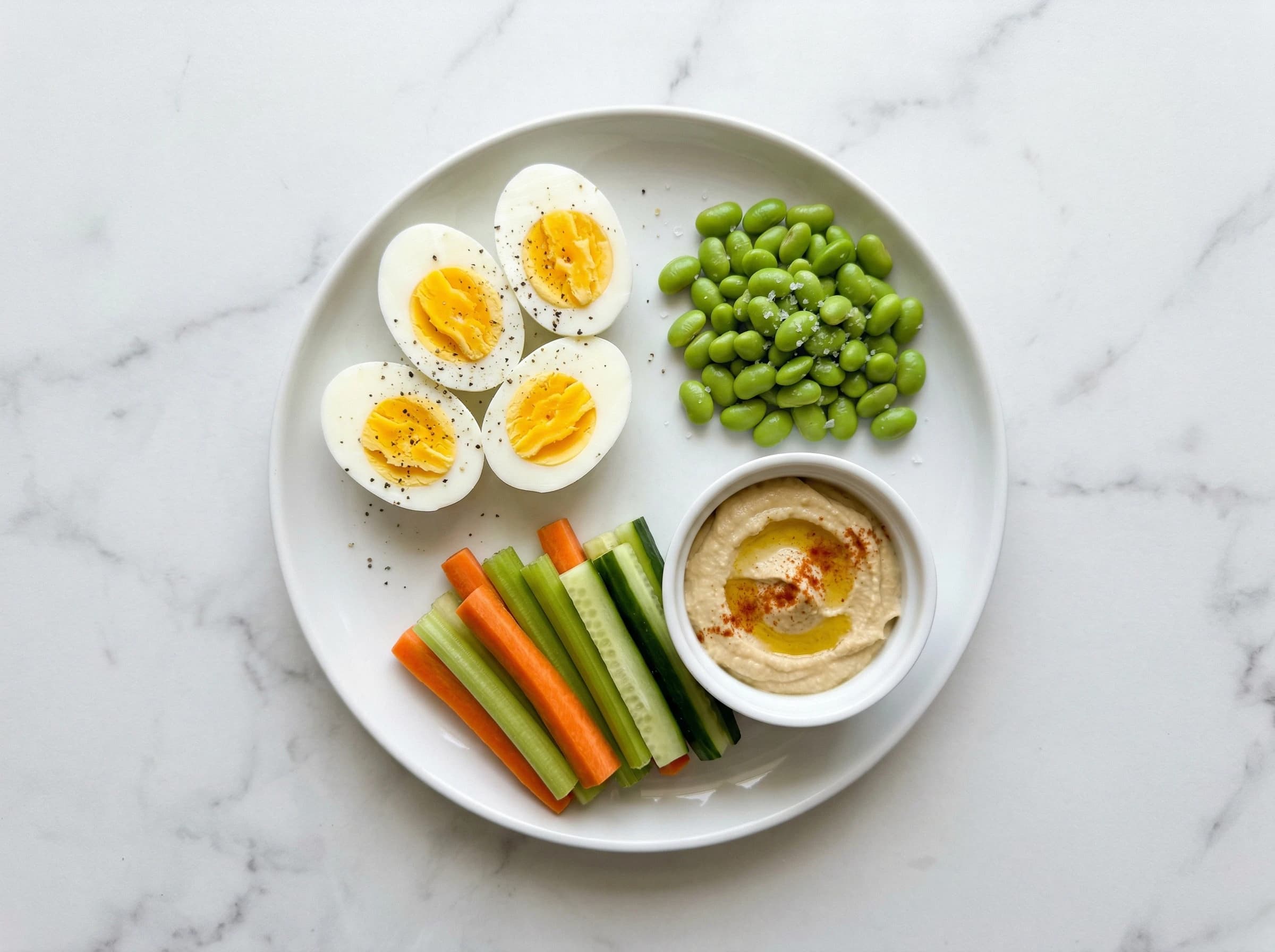 Boiled Eggs, Edamame, Hummus & Veggies