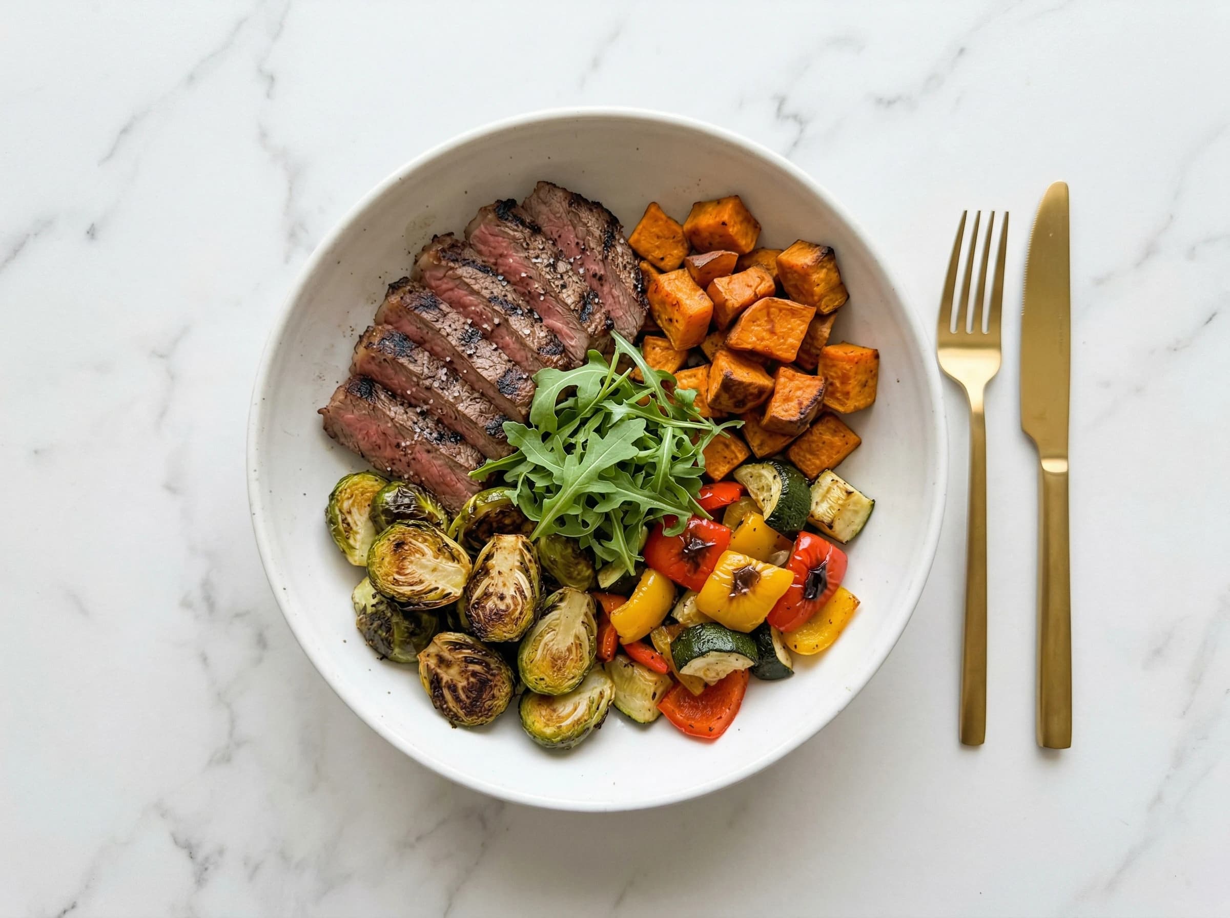 Steak, Sweet Potato & Roasted Vegetables Bowl
